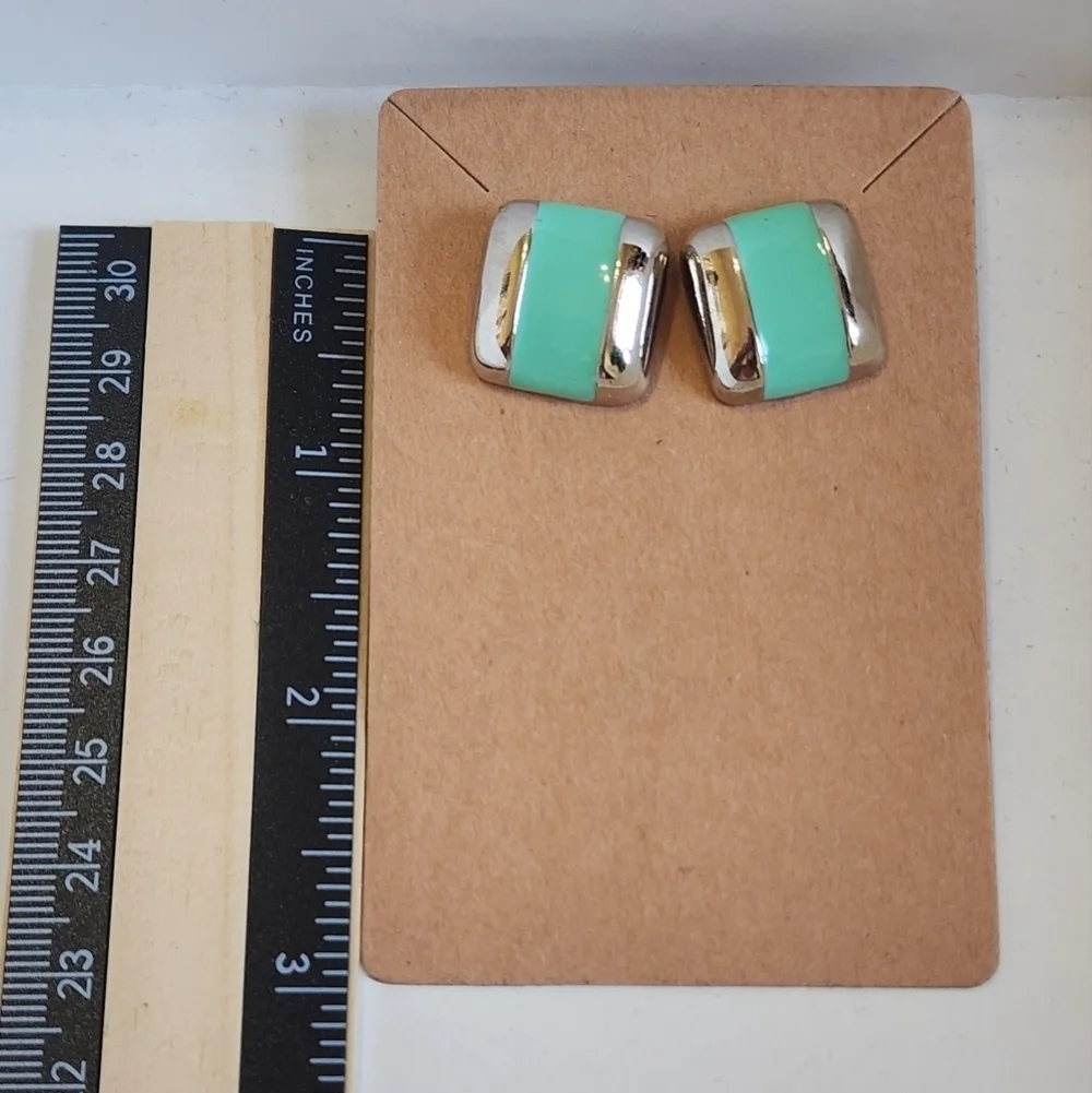 Vintage Avon Silver and Green Enamel Square Stud Earrings